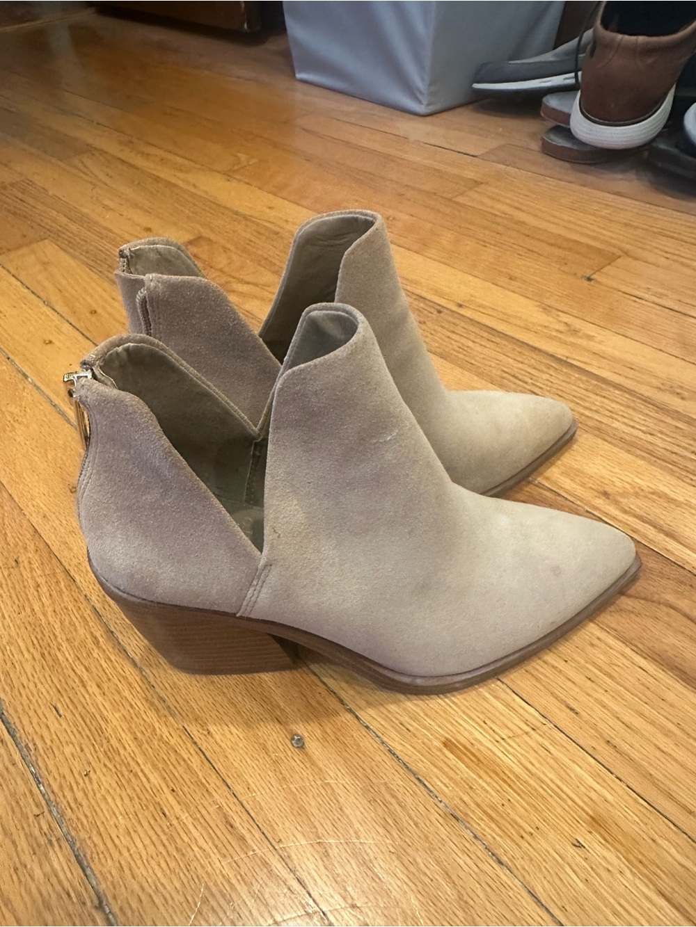 Vince Camuto Taupe Suede Pointed-Toe Cutout Ankle Booties